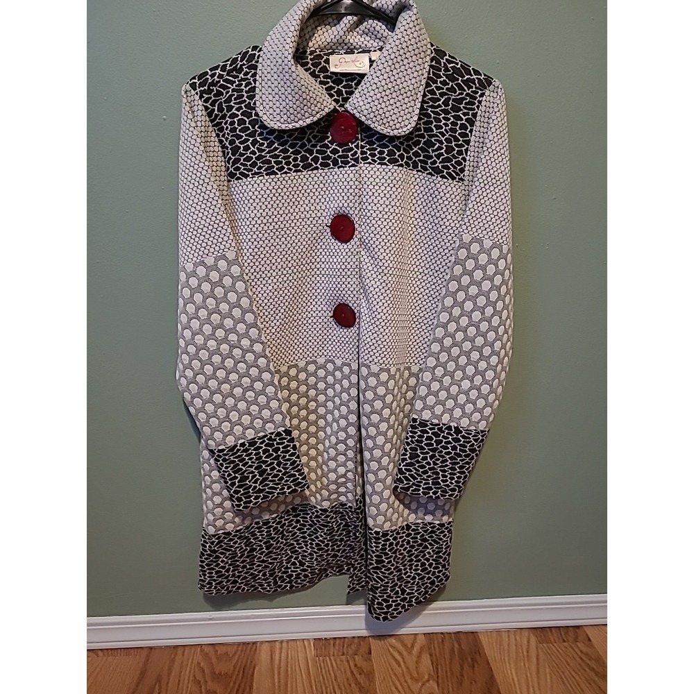 Paper Lace Multi Pattern Red Button Up Long Coat Women's Small